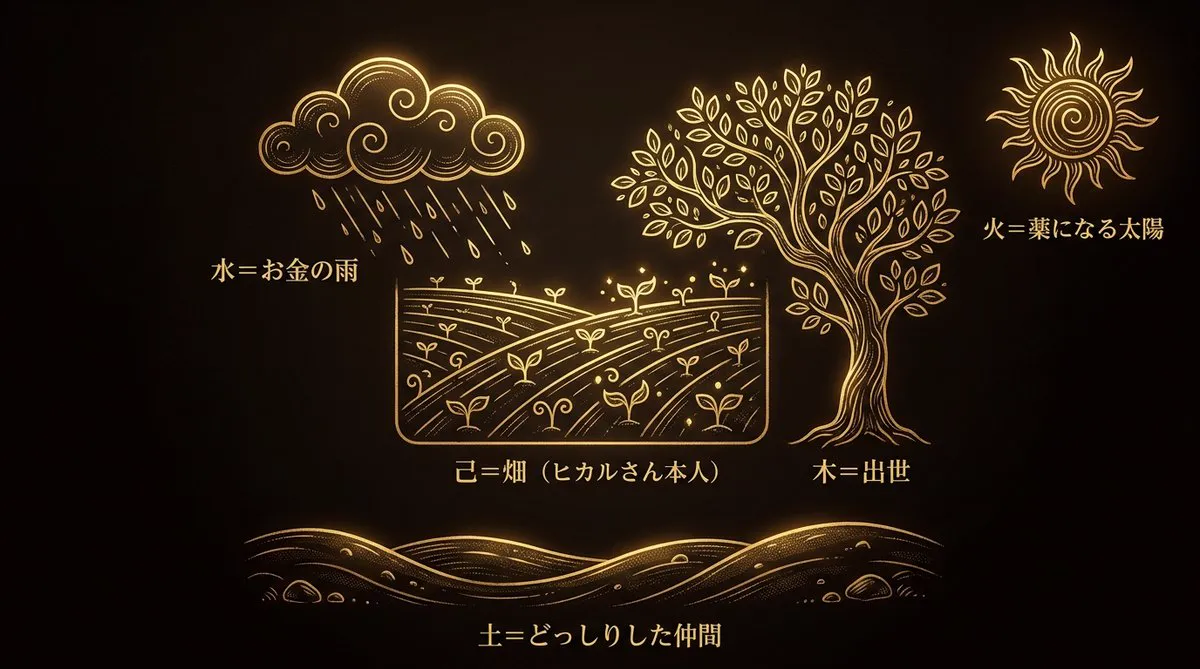 ヒカルさんの命盤のイメージ図。己＝畑（本人）、水＝お金の雨、木＝出世、火＝薬になる太陽、土＝どっしりした仲間