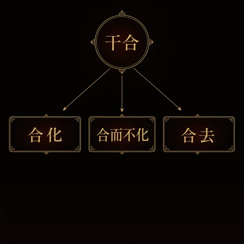 干合の3つの結果。合化（化す）・合而不化（結ぶが化さない）・合去（役目を失う）に分かれる図。