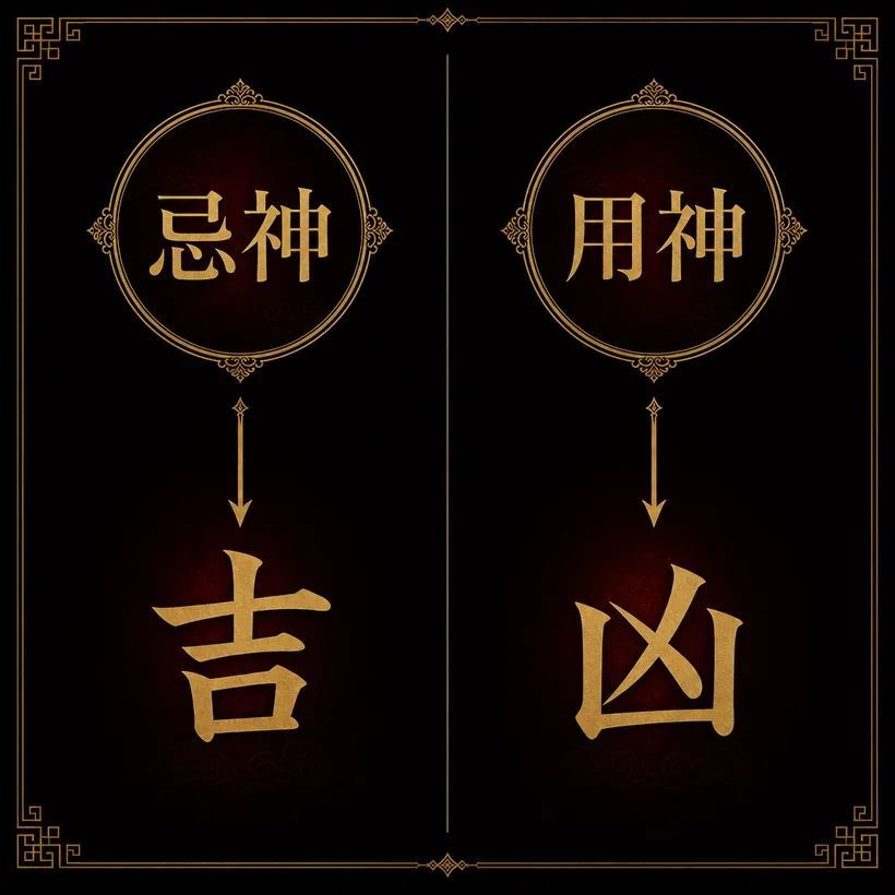 合去の吉凶。忌神が合去されれば吉、用神が合去されれば凶。