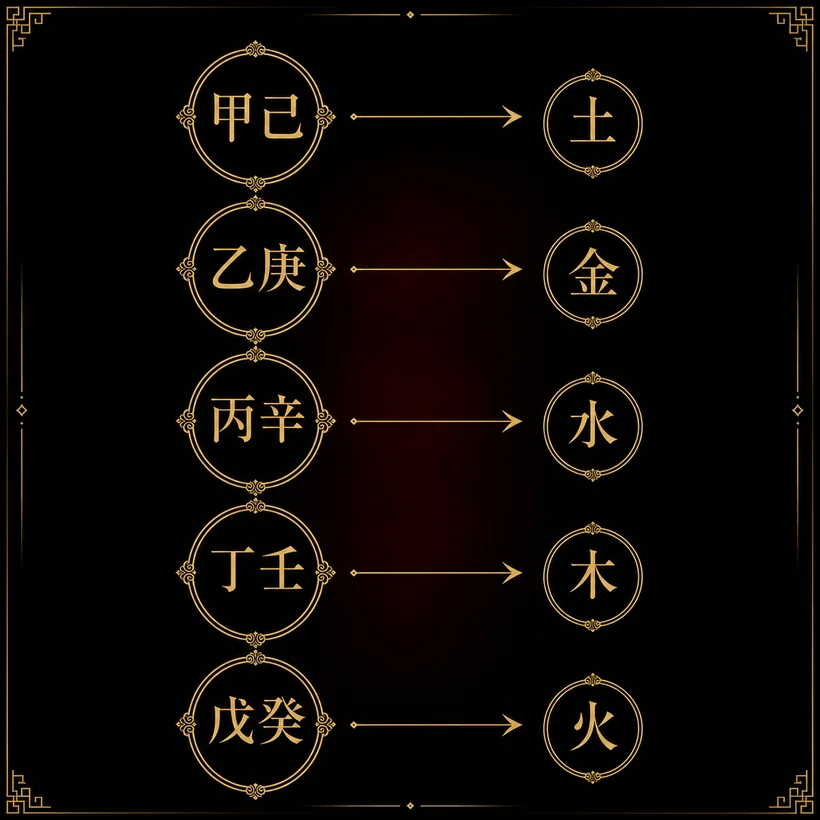 干合の5組と化神。甲己→土、乙庚→金、丙辛→水、丁壬→木、戊癸→火。