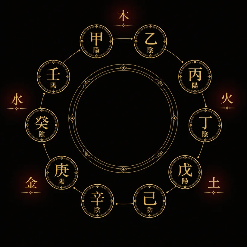 十干の五行・陰陽一覧。甲乙＝木、丙丁＝火、戊己＝土、庚辛＝金、壬癸＝水。甲丙戊庚壬が陽、乙丁己辛癸が陰。
