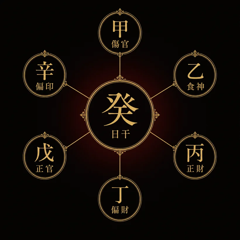 日干が癸のときの通変星ホイール。甲＝傷官、乙＝食神、丙＝正財、丁＝偏財、戊＝正官、辛＝偏印。
